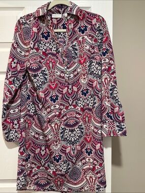 New York & Company Red, Navy & White Paisley Shirt Dress